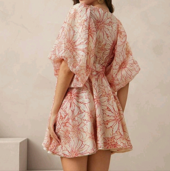 Elegant Floral Low V Neck Puff Sleeve Elastic Waist Flare Summer Mini Dress - Picture 3 of 4